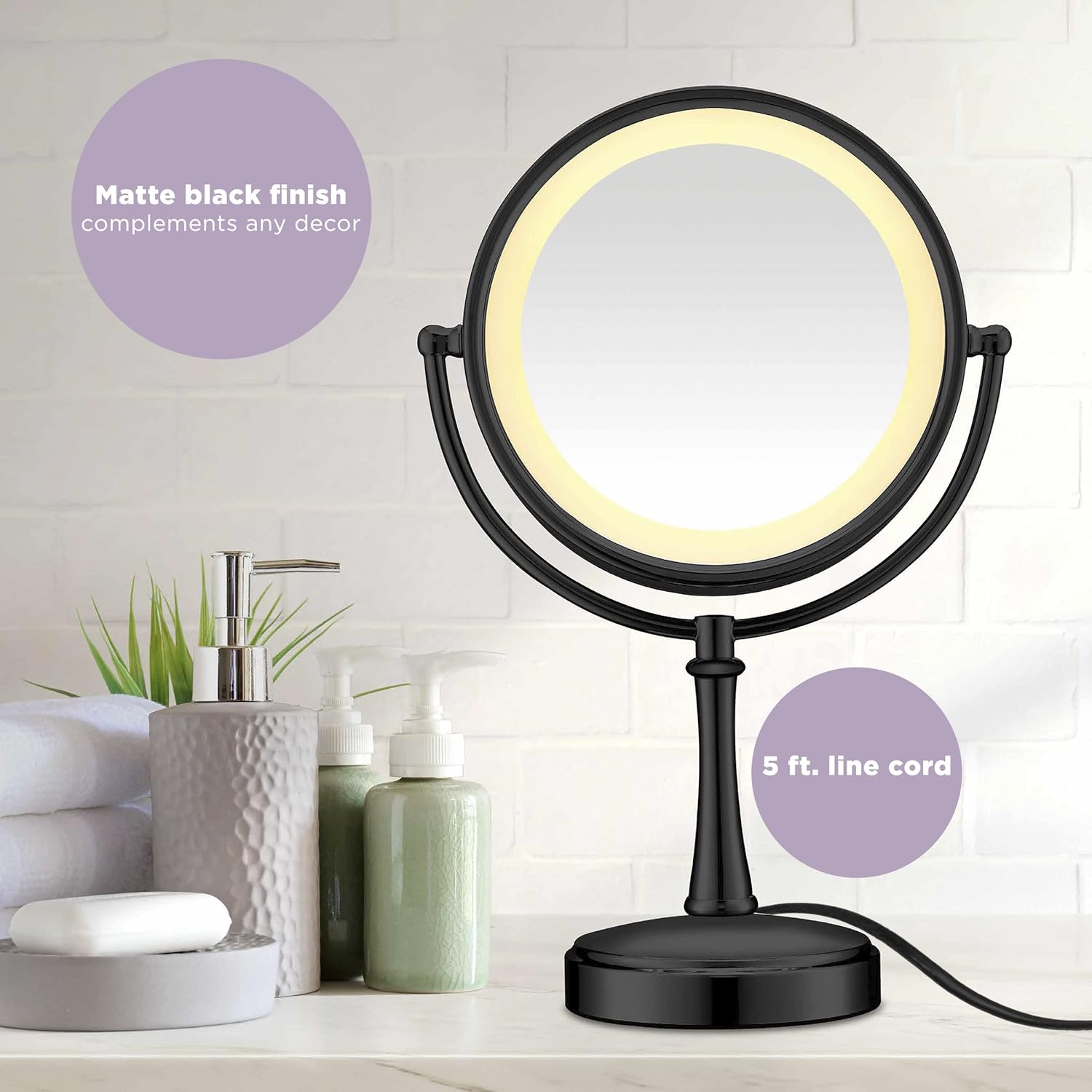 Reflections Double-sided Incandescent Lighted Vanity Makeup Mirror, 1x/7x magnification, Matte Black